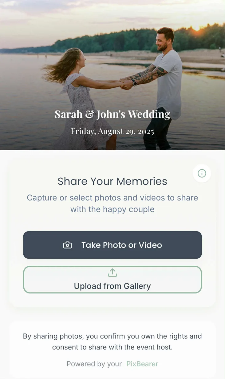 PixBearer wedding photo sharing interface showing Sarah & John's wedding